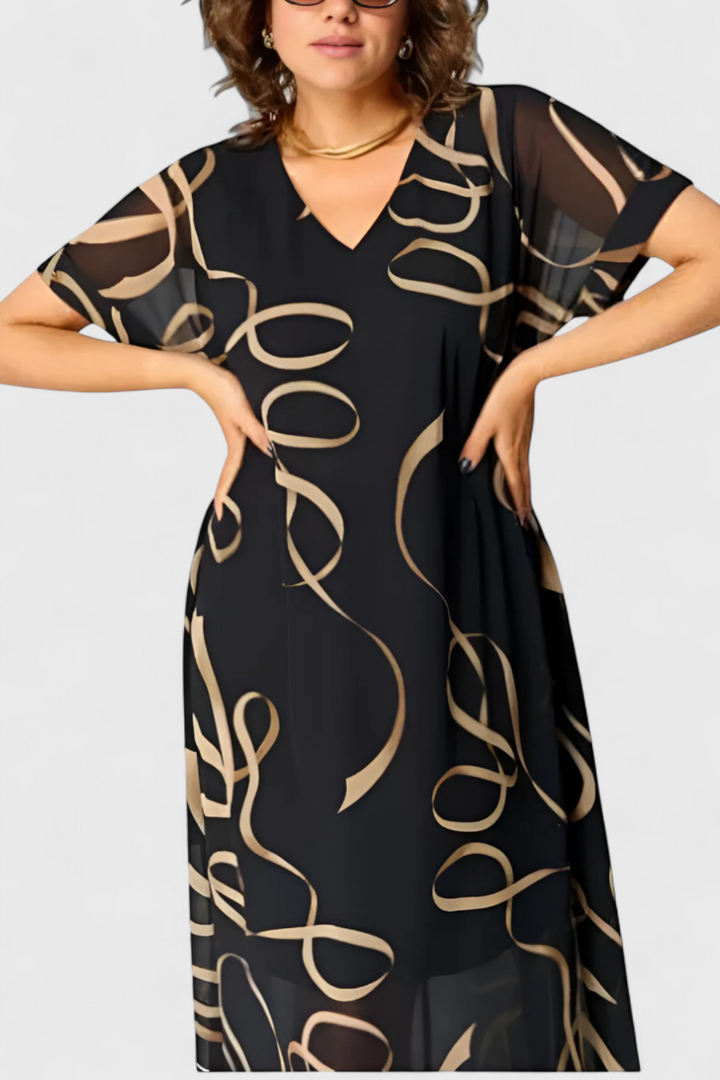 Kaftan Jillian Melns com Padrão Abstrato Dourado e Decote em V