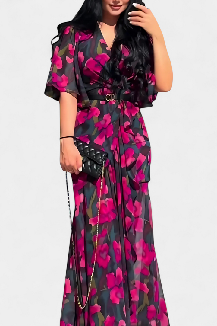 Sima Kryžminė Suknelė su V Formos Dekolte ir Išplečiamomis Rankovėmis