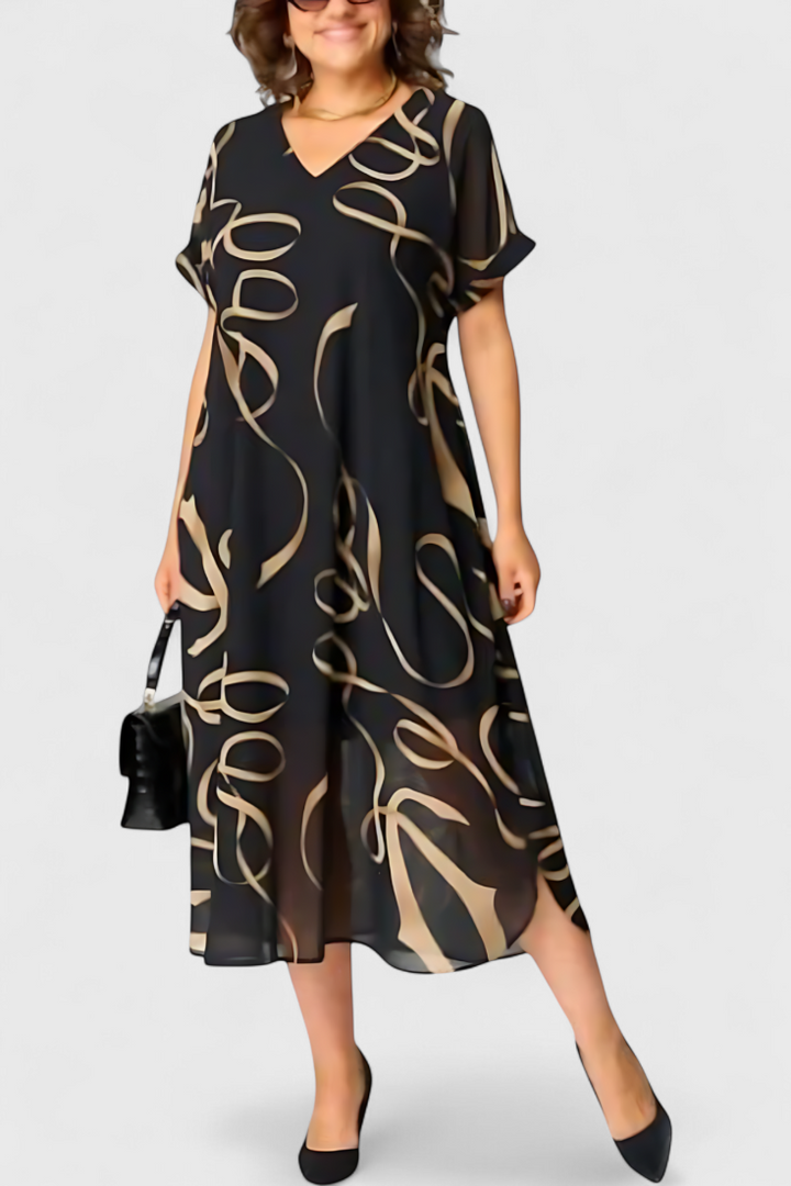 Kaftan Jillian Melns com Padrão Abstrato Dourado e Decote em V