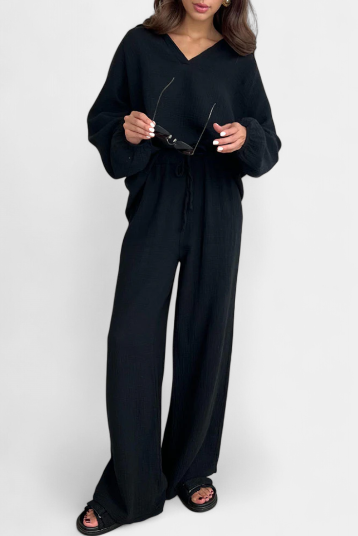 Aya Dviejų Dalių Medvilnės Komplektas su V-formos Iškirpte