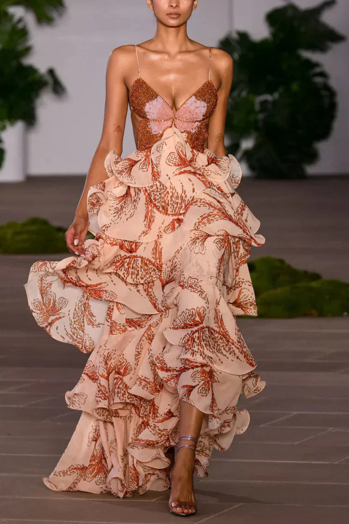 Vestido Juliette com Volantes e Decote em Forma de Pedra Preciosa