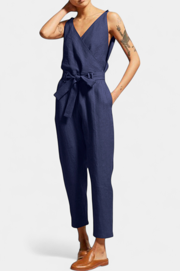 Maggie Mono sem Mangas com Decote em V e Cintura Cruzada em Algodão