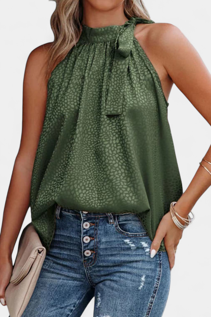 Adela | Vestido de leopardo sem mangas com gola alta e laço