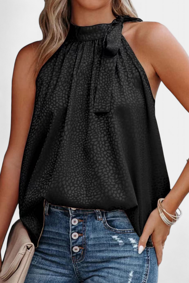 Adela | Vestido de leopardo sem mangas com gola alta e laço