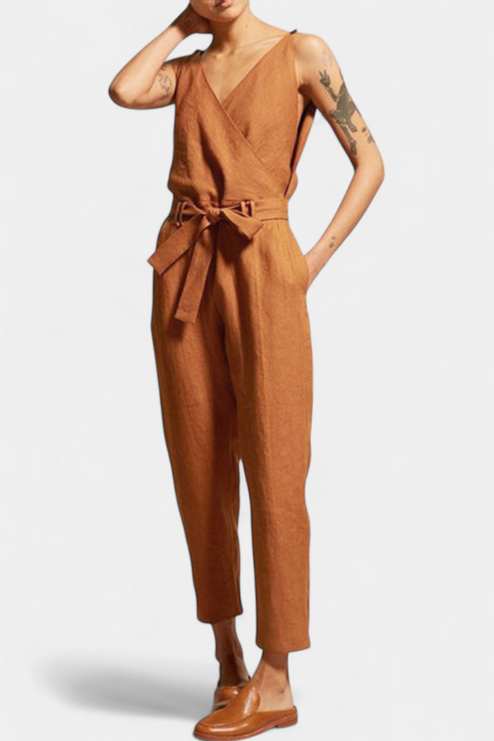 Maggie Mono sem Mangas com Decote em V e Cintura Cruzada em Algodão