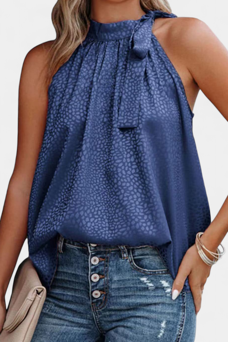 Adela | Vestido de leopardo sem mangas com gola alta e laço