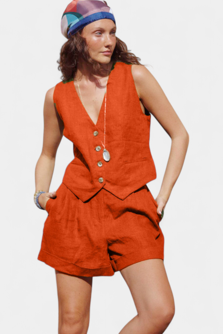 Conjunto Jennifer com Casaco e Calções em Linho e Algodão