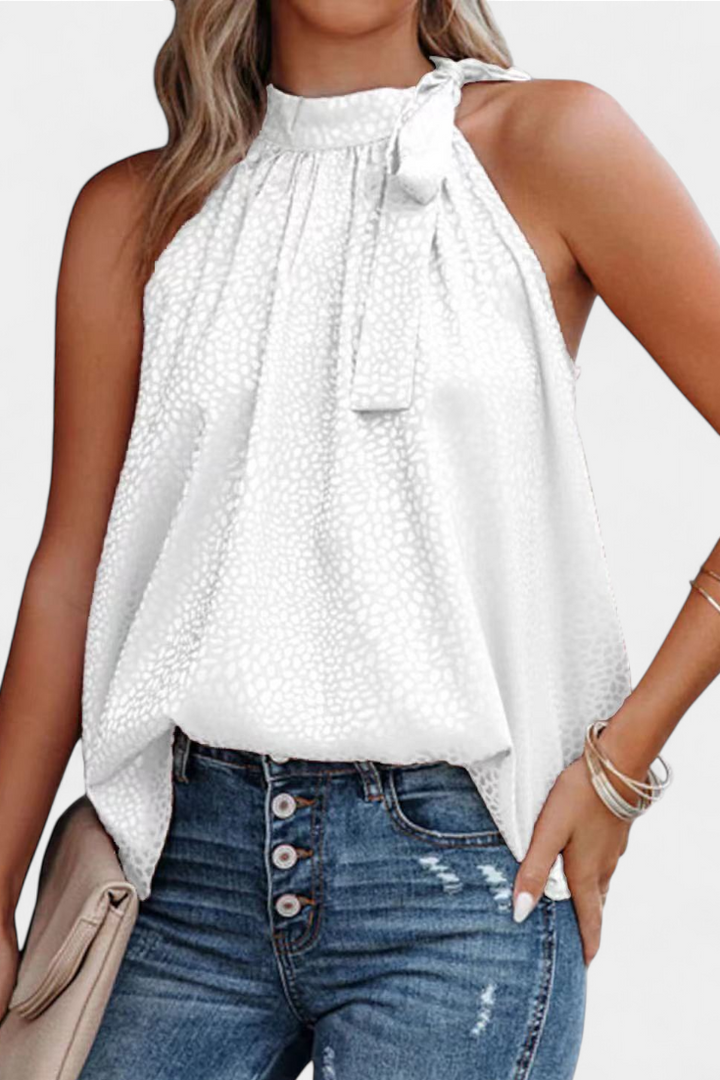 Adela | Vestido de leopardo sem mangas com gola alta e laço