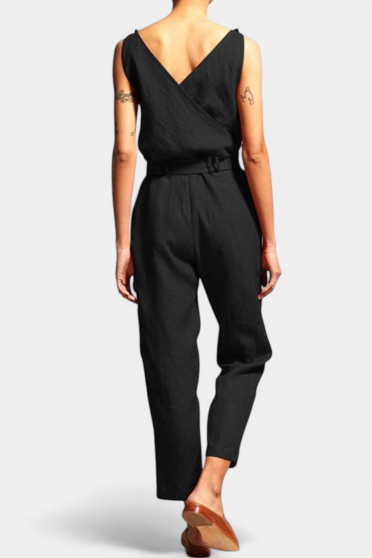 Maggie Mono sem Mangas com Decote em V e Cintura Cruzada em Algodão