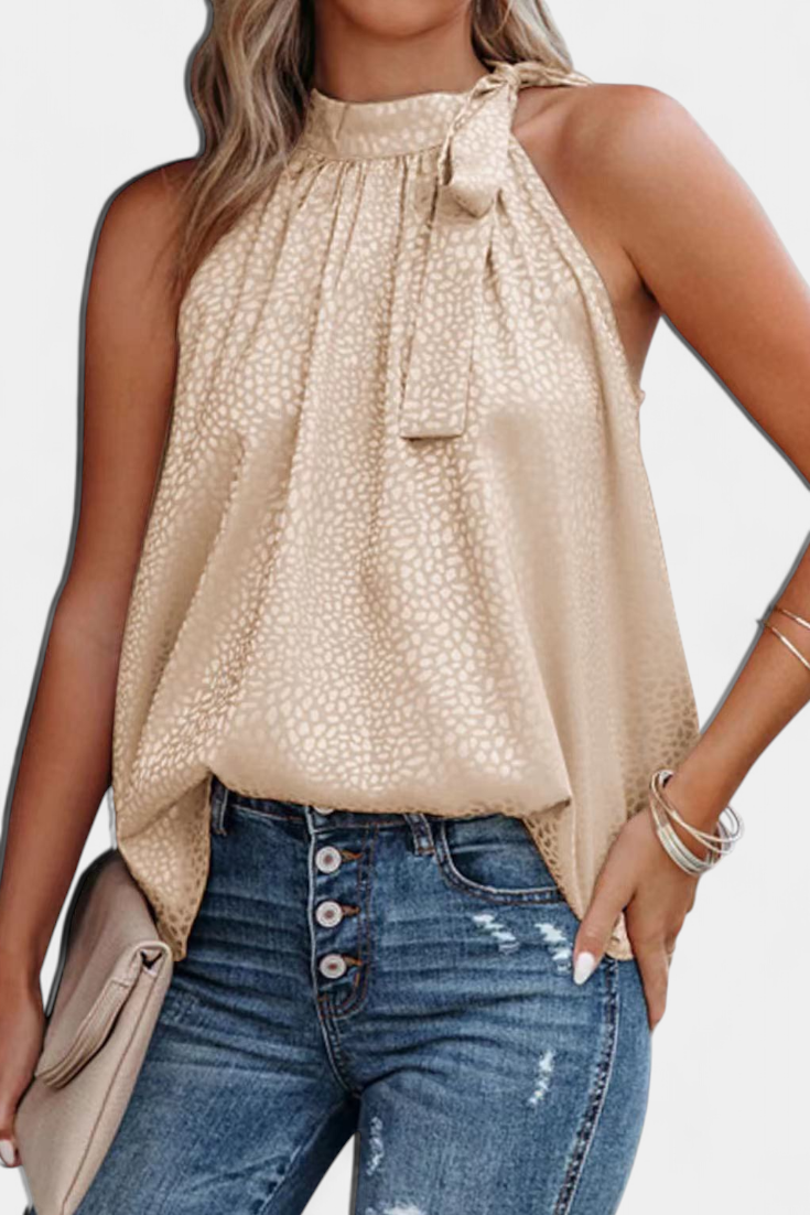 Adela | Vestido de leopardo sem mangas com gola alta e laço