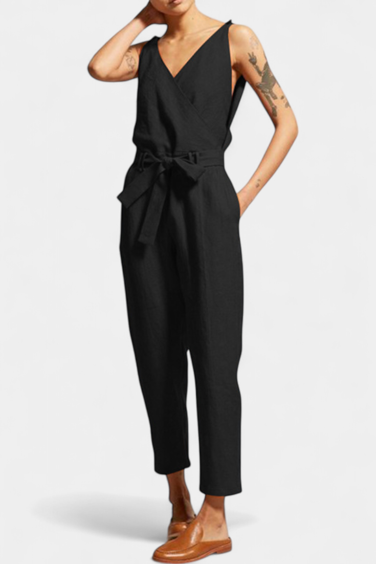 Maggie Mono sem Mangas com Decote em V e Cintura Cruzada em Algodão