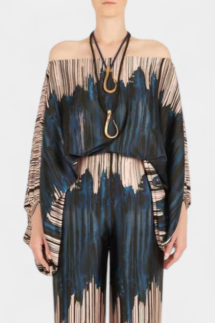 Conjunto Sybella de Duas Peças com Ombros Descobertos e Calças Largas com Padrão