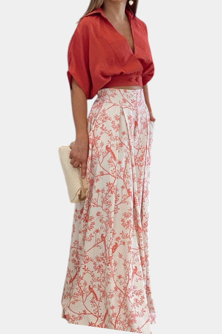 Conjunto Olivia Boho com decote em V e pernas largas