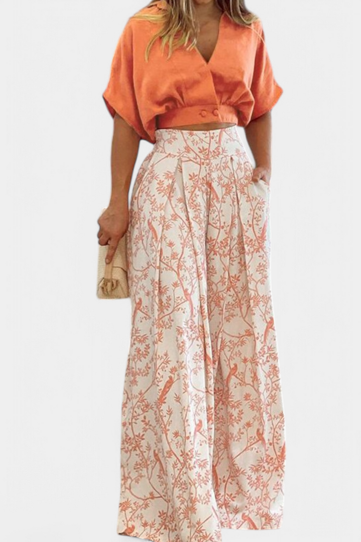 Conjunto Olivia Boho com decote em V e pernas largas