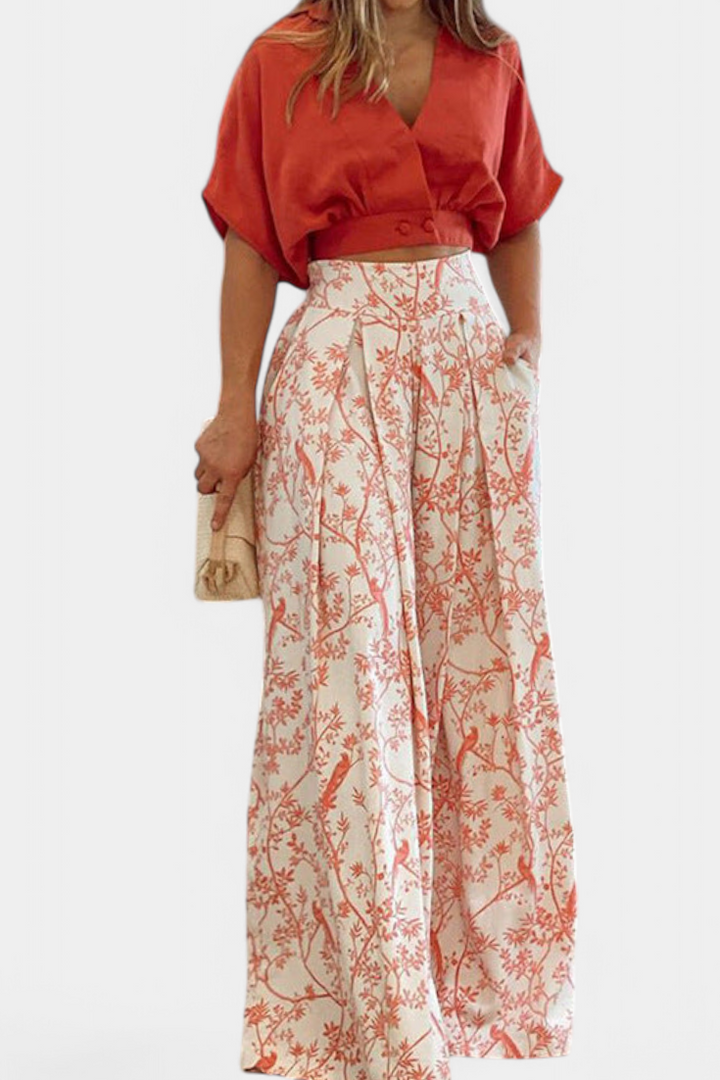 Conjunto Olivia Boho com decote em V e pernas largas