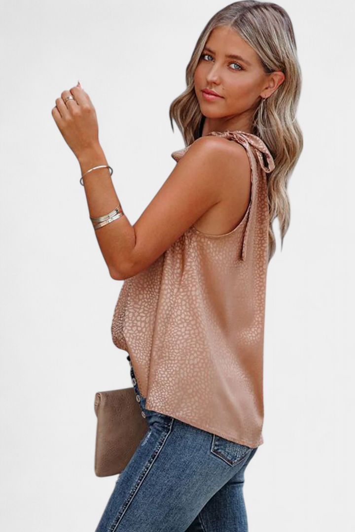 Adela | Vestido de leopardo sem mangas com gola alta e laço