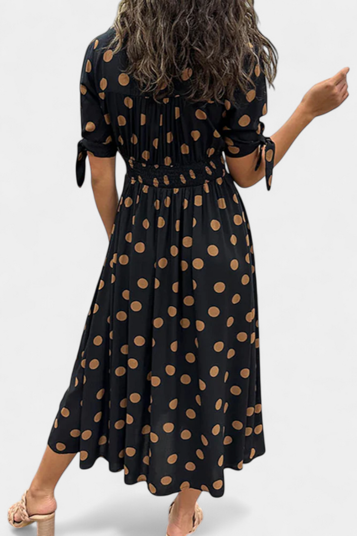 Vestido Midi Lizzie com Pois e Decote em V Profundo