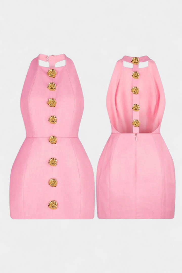 Vestido Mini Yvonne com Decote Halter e Costas Abertas com Detalhes Florais