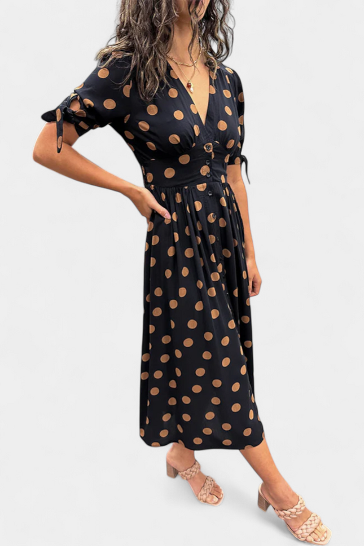 Vestido Midi Lizzie com Pois e Decote em V Profundo