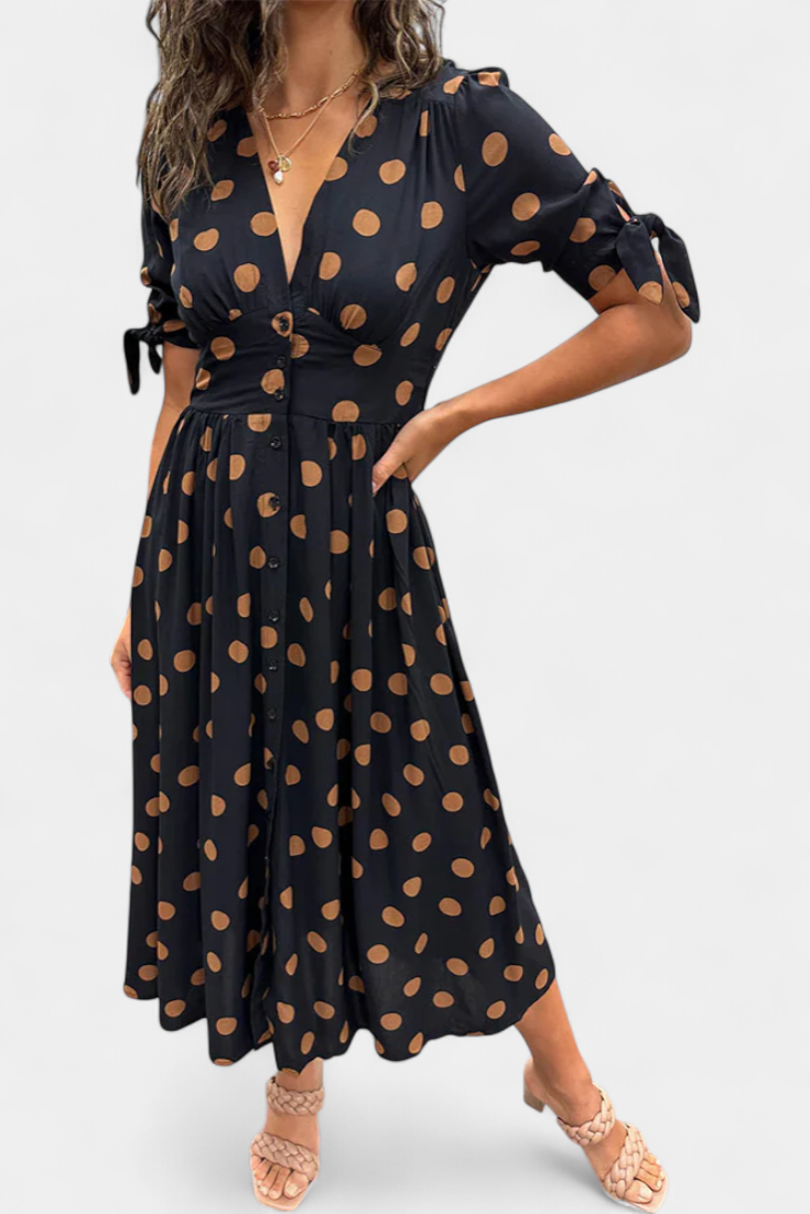 Vestido Midi Lizzie com Pois e Decote em V Profundo