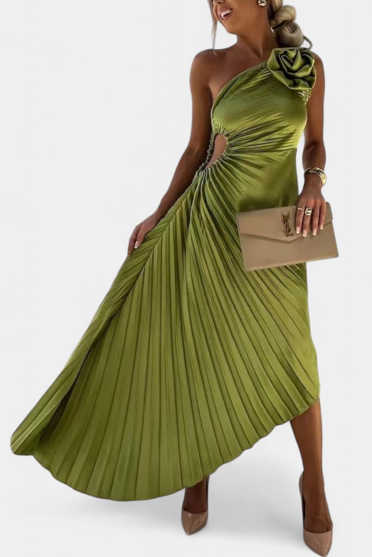 Vestido de cocktail assimétrico Leire com aplicação de flores e saia plissada