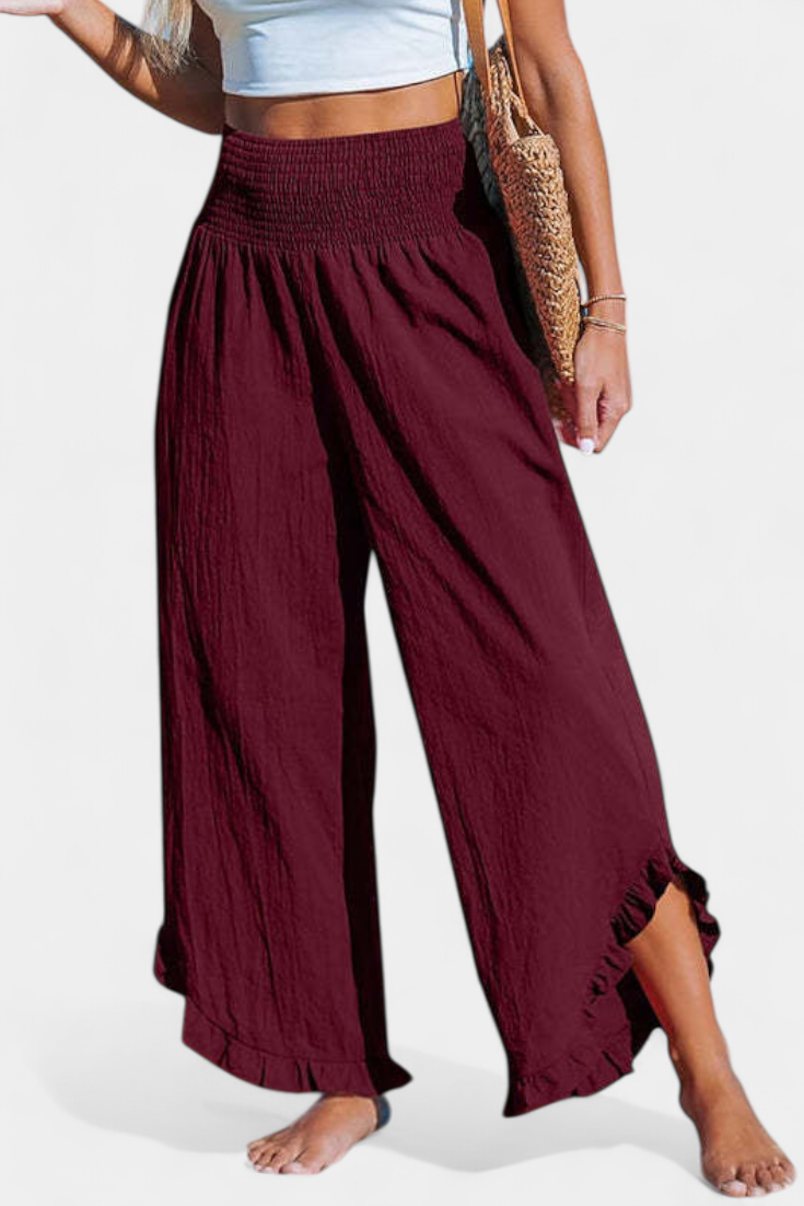 Calças Palazzo Justina com folhos e cintura alta