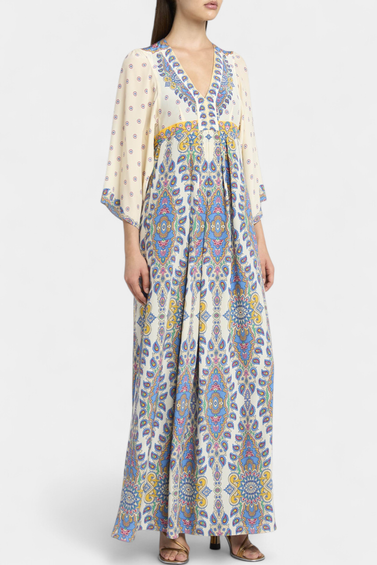 Vestido de Noiva Longo com Decote em V e Elegante Padrão Paisley