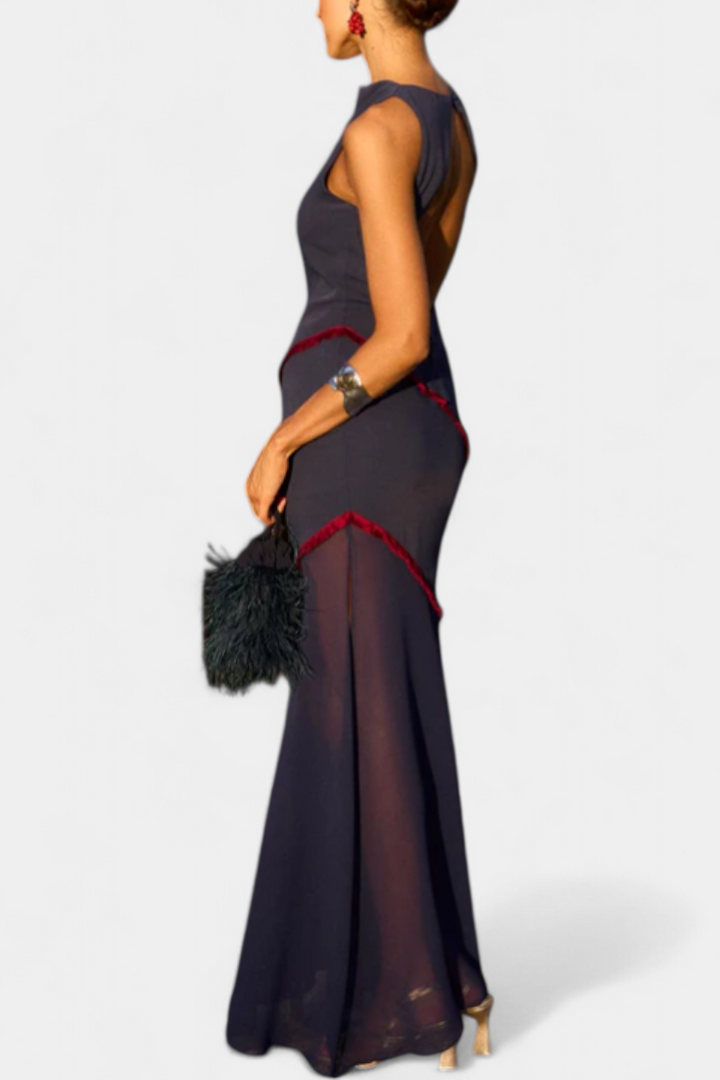 Vestido Midi Bodycon Orfila com Chiffon e Detalhes Contrastantes