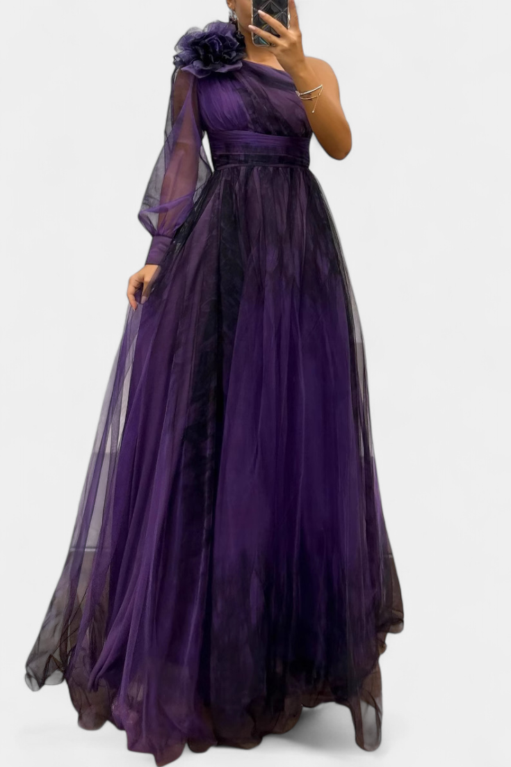 Vestido Becca Maxi em Chiffon com Ombro Descoberto e Flor Volumosa