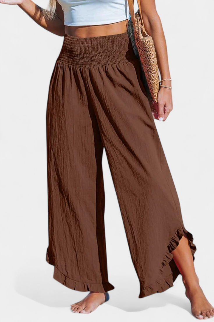 Calças Palazzo Justina com folhos e cintura alta