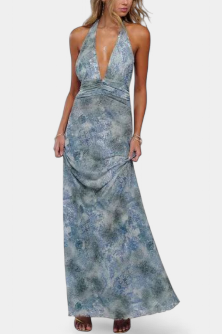 Vestido Maxi Melodija com Poás e Decote Halter