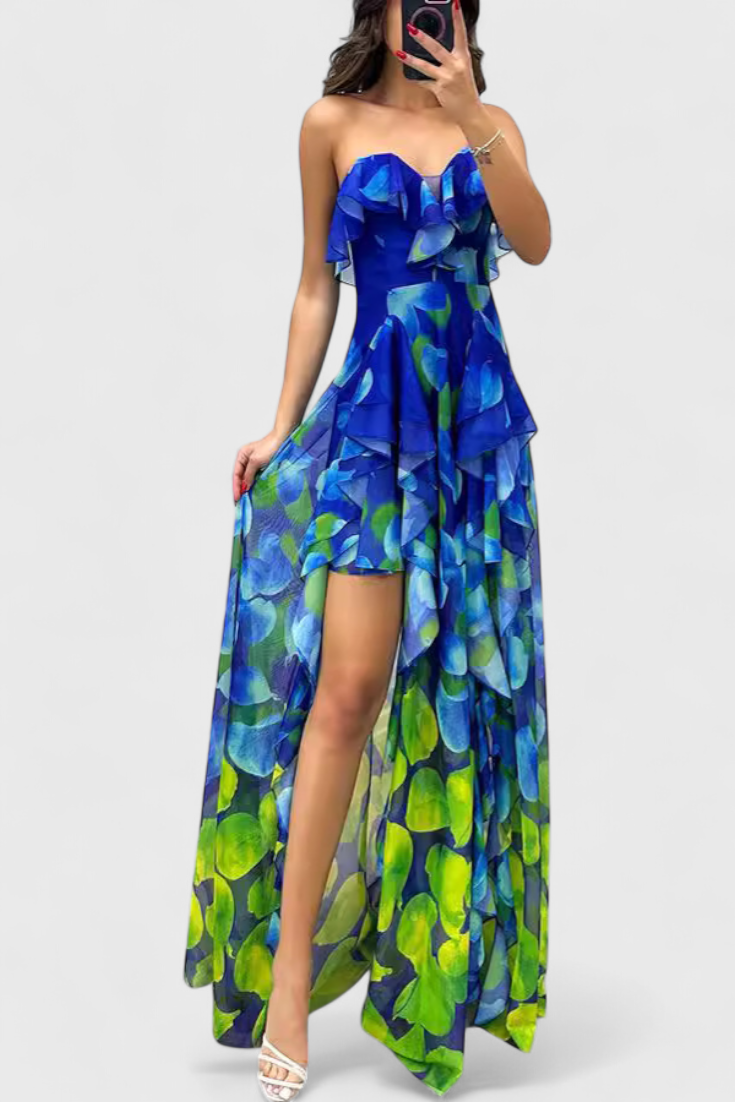 Vestido Maxi Andy Sem Mangas com Camadas de Renda e Abertura Gradual