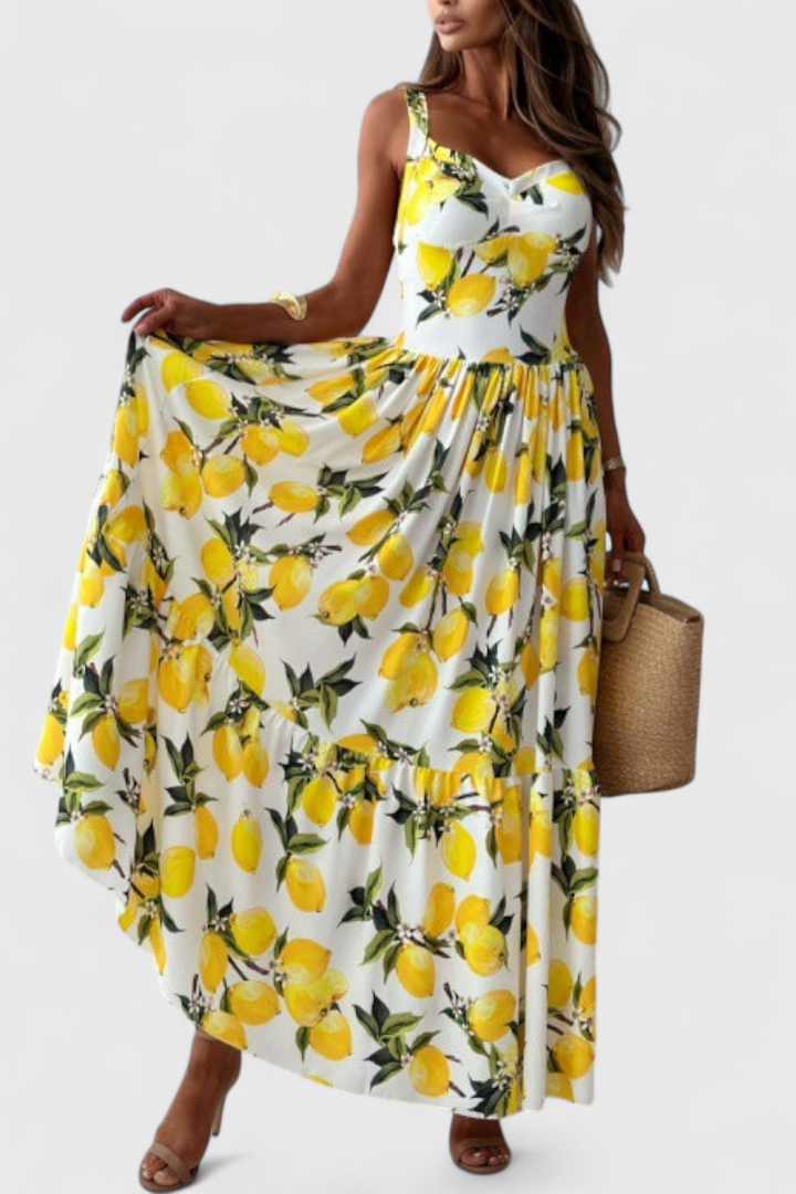 Vestido Huda Maxi com Estampa de Limão e Alças com Abertura Lateral