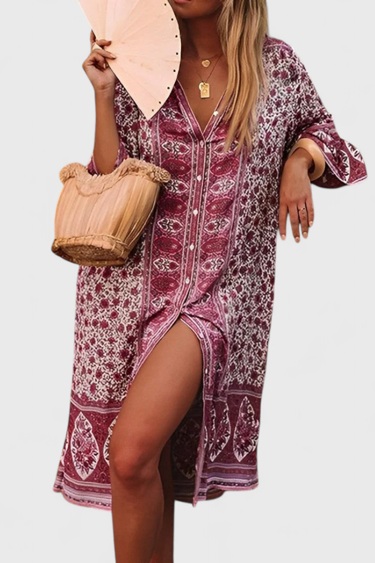 Chinara Garais Boho Suknelė su Etniniu Siuvinėjimu ir Laisvu Siluetu