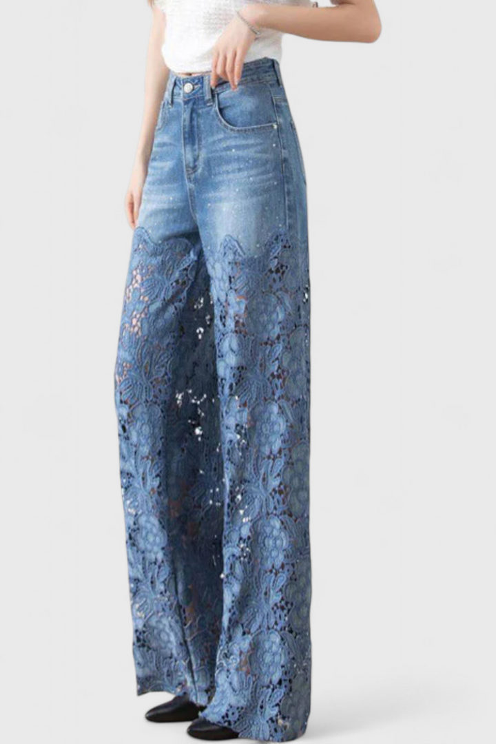 Jasiel Pantalones Palazzo com Renda e Bordados Florais
