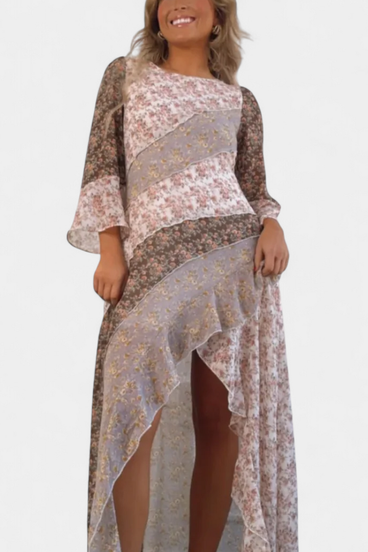 Ruth Gėlių Suknelė su 3/4 Rankovėmis ir Asimetriškomis Kraštinėmis