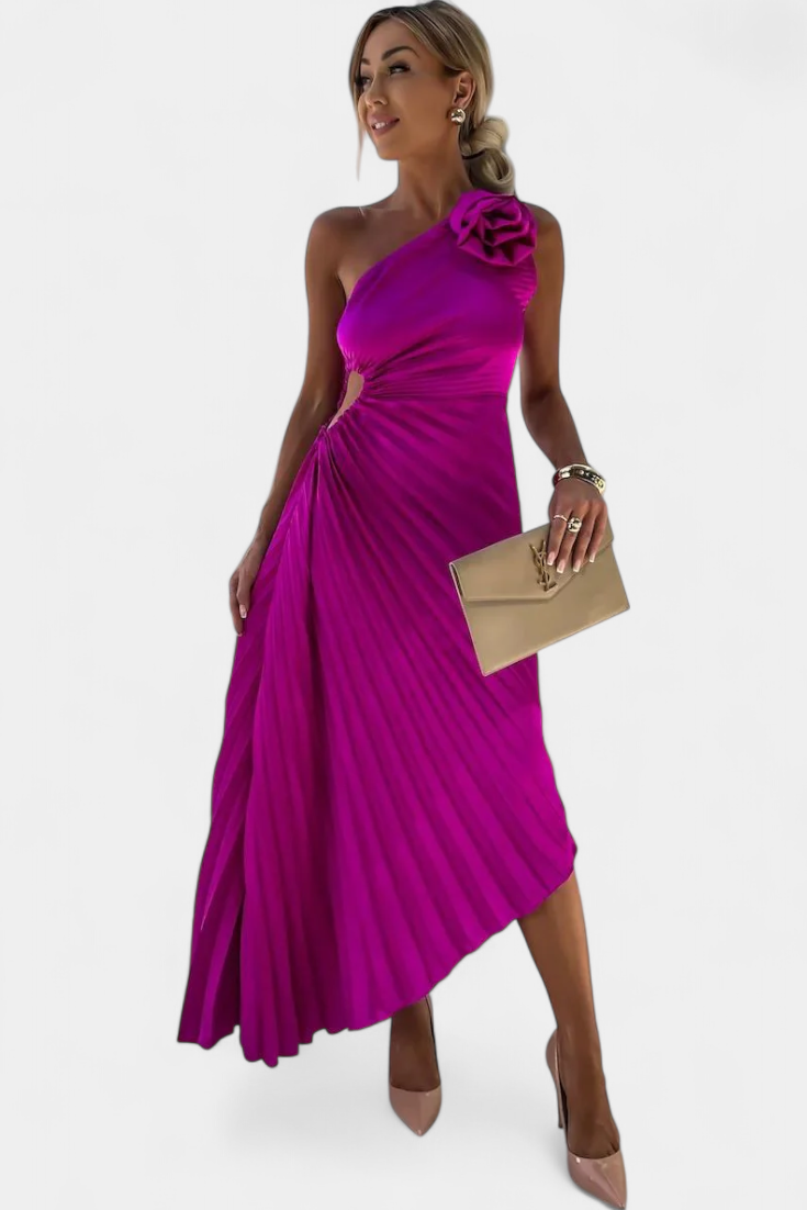 Vestido de cocktail assimétrico Leire com aplicação de flores e saia plissada