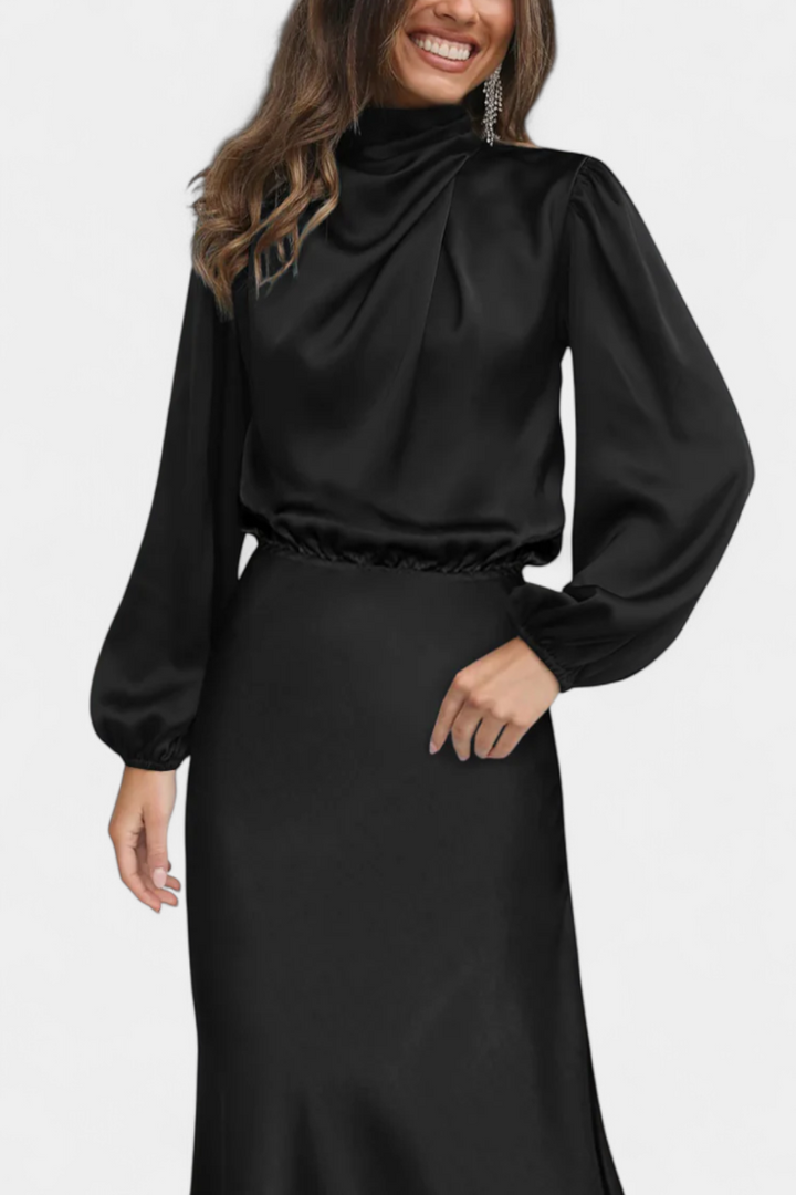 Cecila Maxi Suknelė su Aukštu Apykakle ir Gėlių Detalėmis