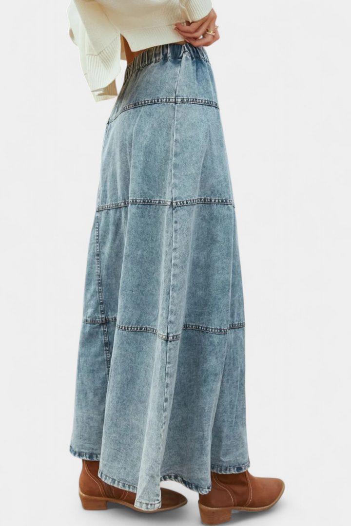 Falda Maxi em Denim com Detalhe de Pāva