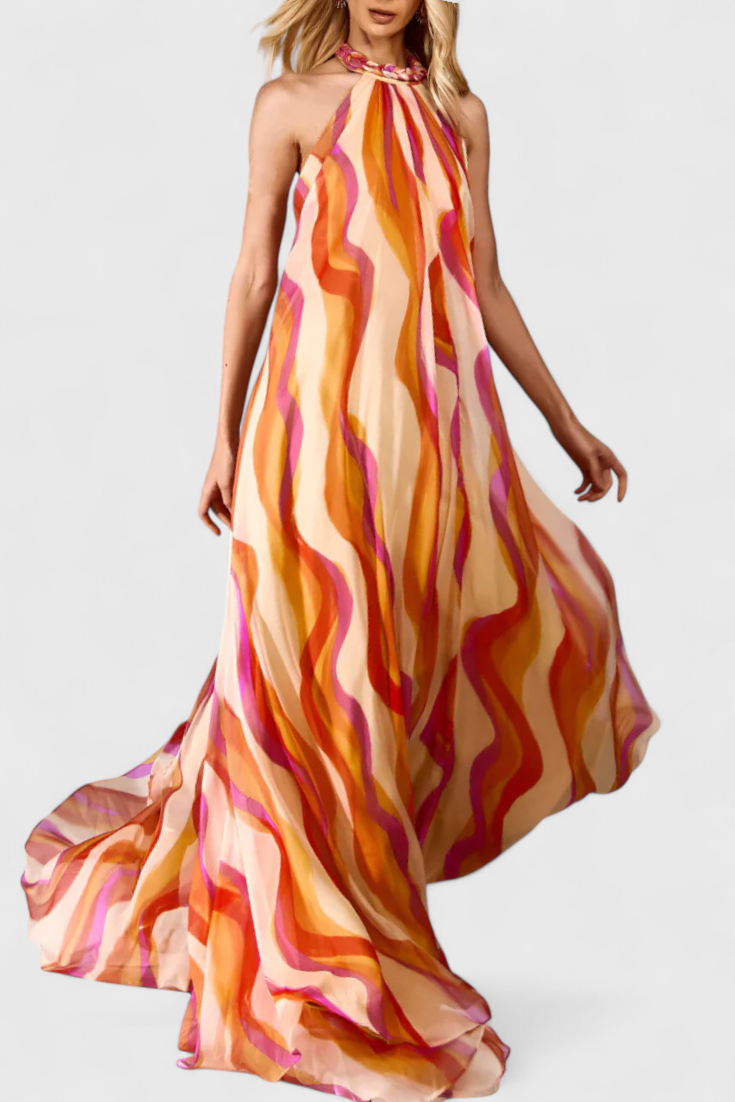 Vestido Remi Maxi Halter com Padrão Ondulado e Elegantes Tranças