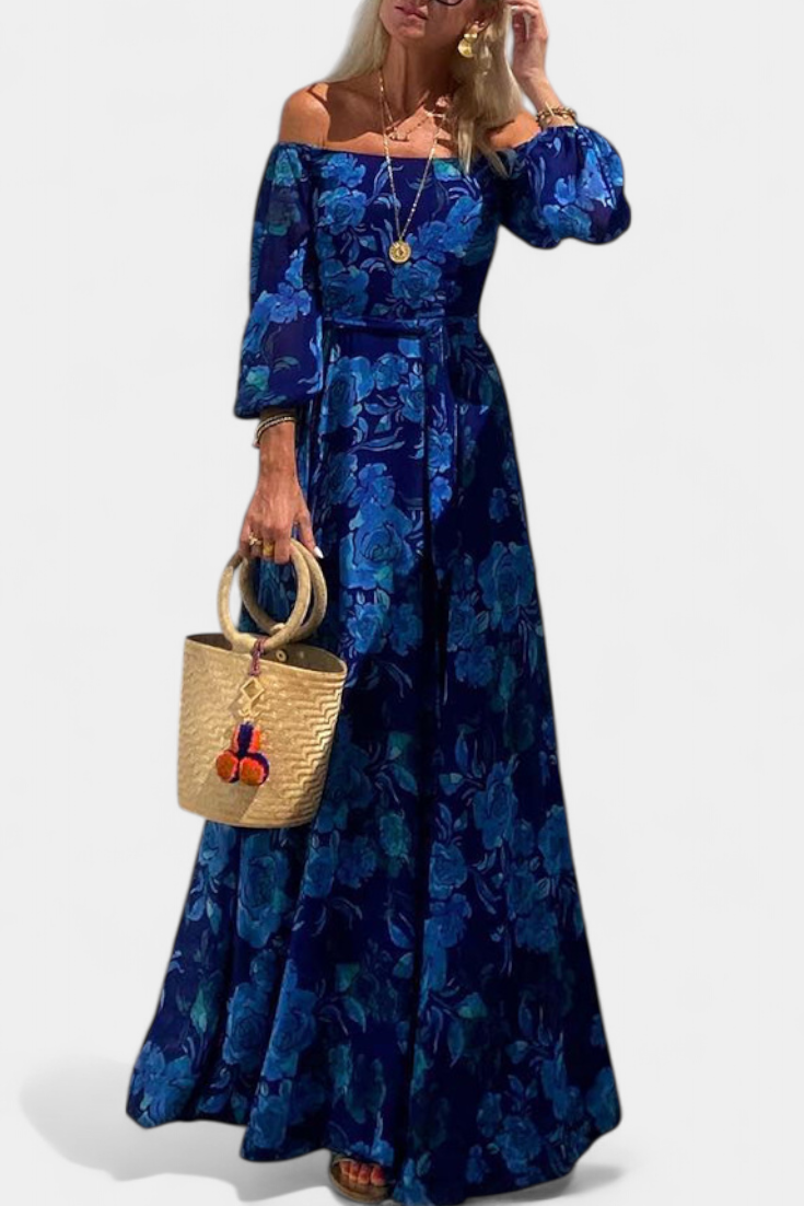 Vestido Davina com Ombros Descobertos e Padrão de Flores Romântico