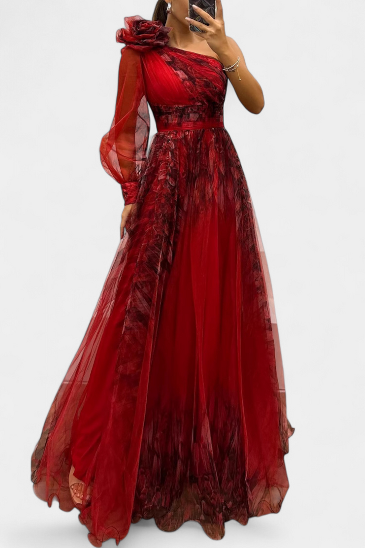 Vestido Becca Maxi em Chiffon com Ombro Descoberto e Flor Volumosa