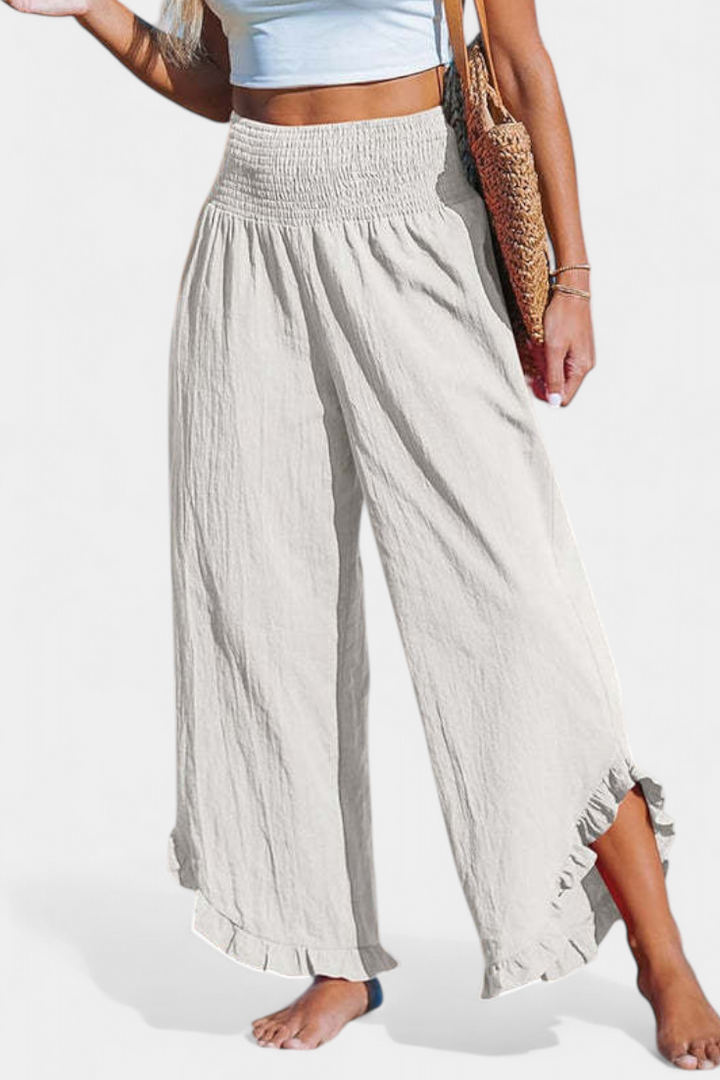 Calças Palazzo Justina com folhos e cintura alta