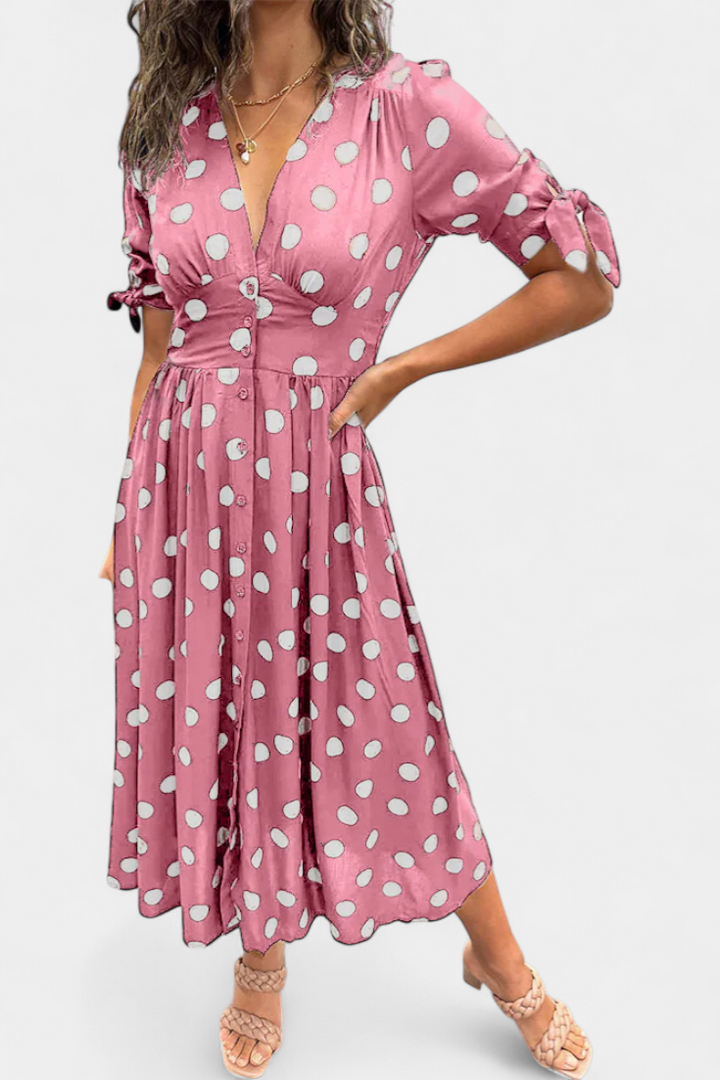 Vestido Midi Lizzie com Pois e Decote em V Profundo