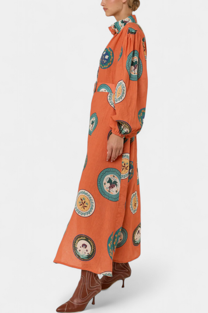 Sibley Lino Maxi Suknelė su Išskirtiniu Raštu ir Diržu