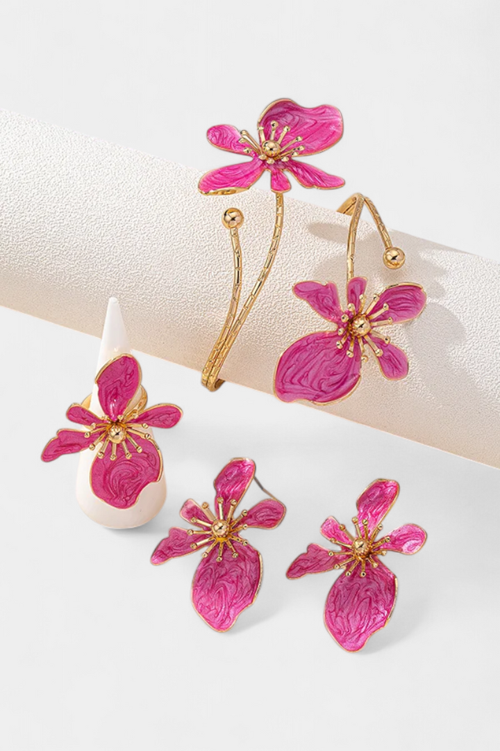 Conjunto de Acessórios Florais: Pulseira + Brincos + Anéis