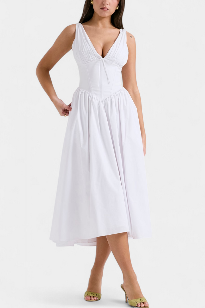 Vestido Margie Midi com Decote em V e Padrão de Flores Romântico