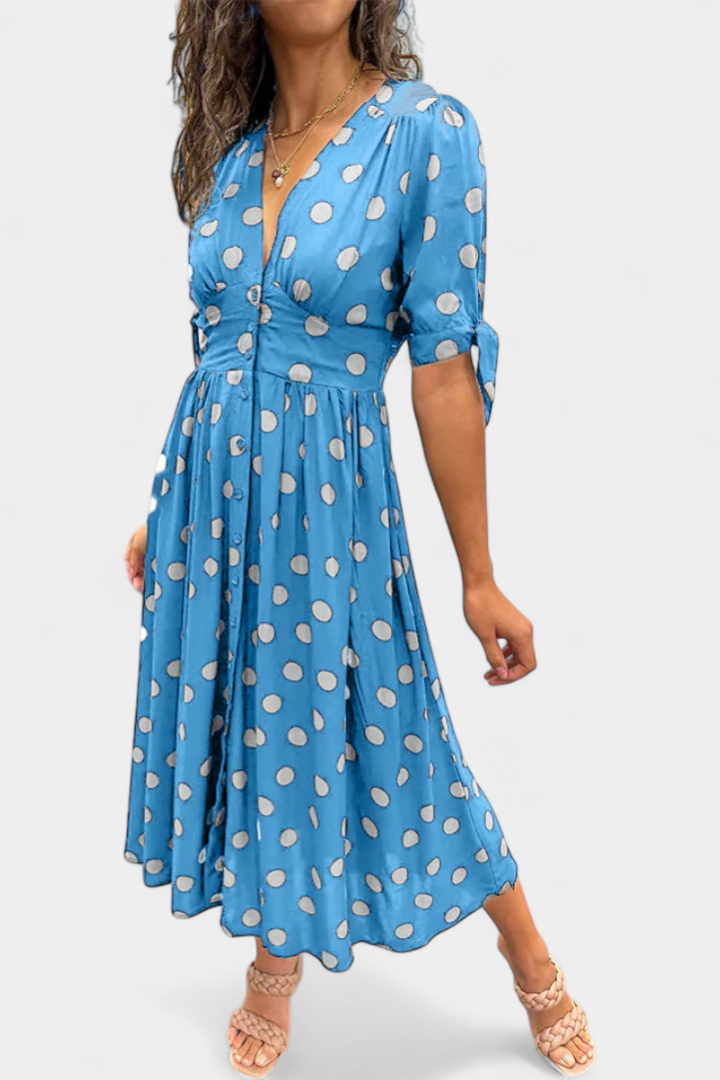 Vestido Midi Lizzie com Pois e Decote em V Profundo