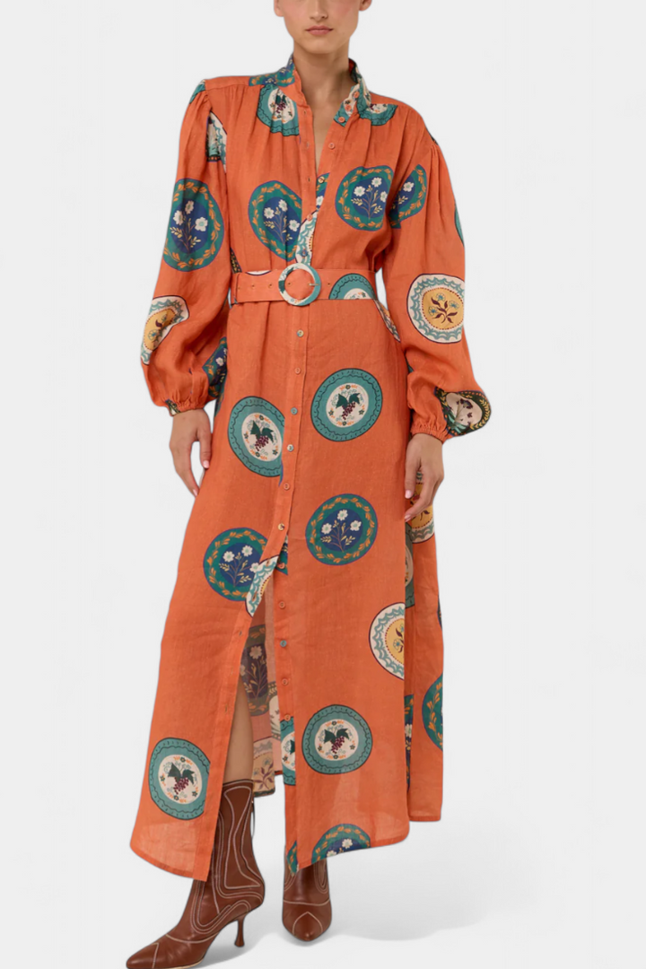 Sibley Lino Maxi Suknelė su Išskirtiniu Raštu ir Diržu