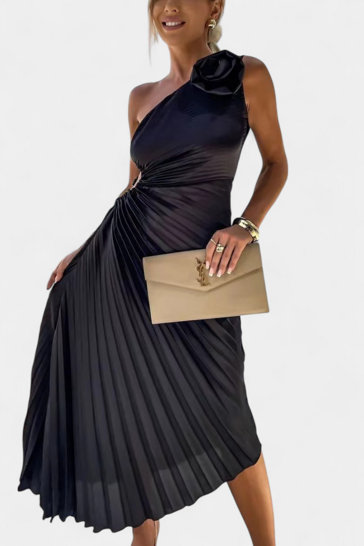 Vestido de cocktail assimétrico Leire com aplicação de flores e saia plissada